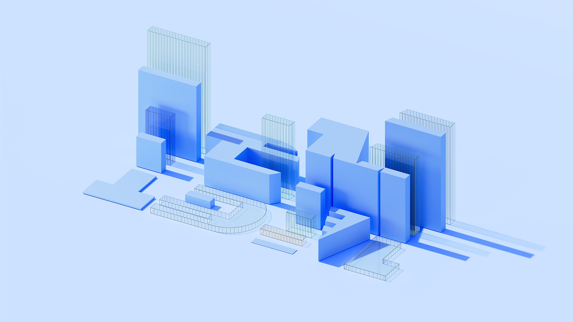 Blue isometric city of blocks and glass outlines