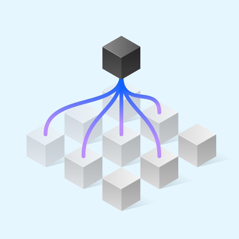 Isometric diagram of one node connected to a grid of blocks